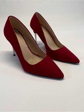 Le Château Red Suede Pointed-Toe Pumps with Silver Stiletto Heels - Size 7